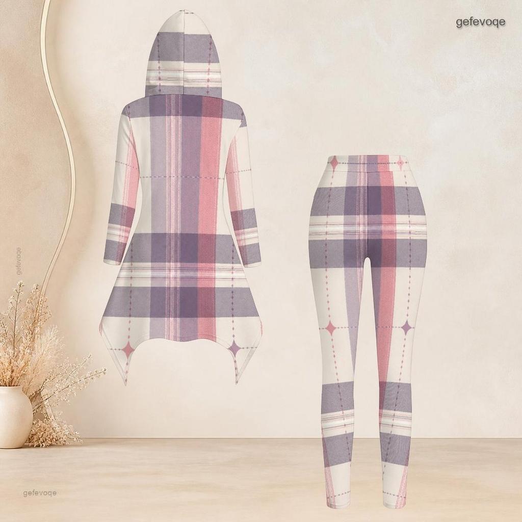 Women Plus Size Hooded Long Sleeve Purple Pink Plaid High Low Top And Fitted Pants Two Piece Set