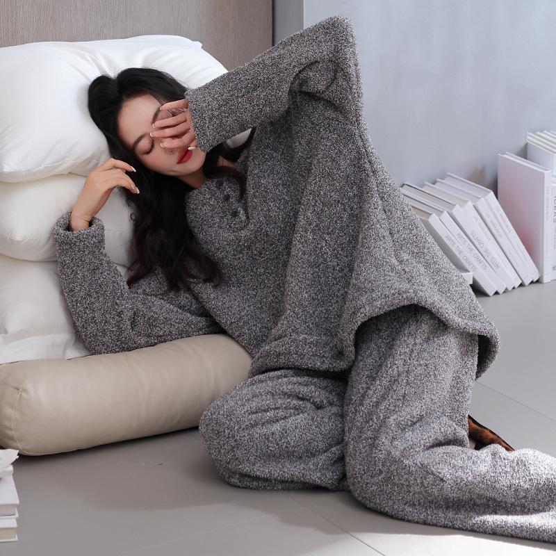 Pyjama Damen Herbst und Winter Halb-Fleece Fleece Verdickt Warm Korallenfleece Loungewear Anzug Winter
