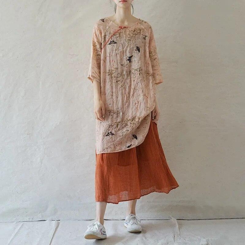 Johnature Damen Vintage Shirts O-Ausschnitt Halbarm Print Blumenblusen Frühling Hochwertige Damen Mittellanges Hemd