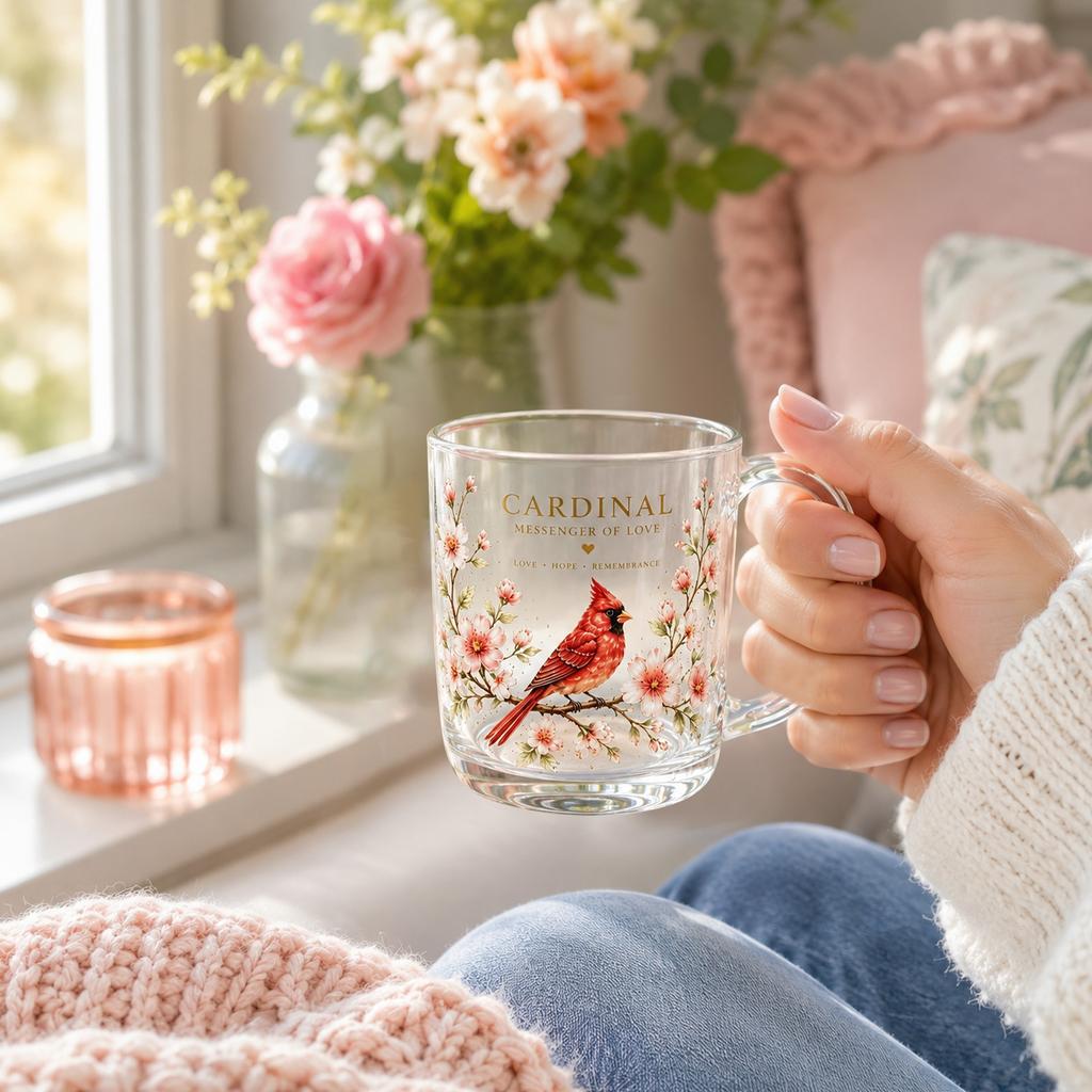 Glass Mug with Cardinal Bird Floral Design Clear Glass Coffee Cup for Hot and Cold Beverages Durable Handle and Printed Illustration