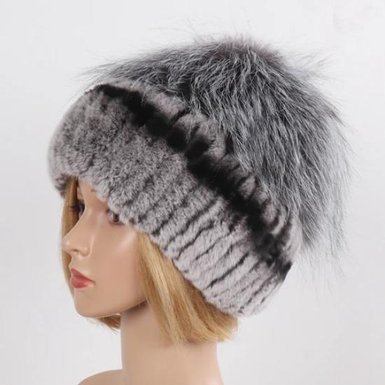 Hot Sale Women Winter Real Rex Rabbit Fur Hat Scarf Sets Natural Warm Genuine Silver Fox Fur Rex Rabbit Fur Cap Scarves 2 Pieces