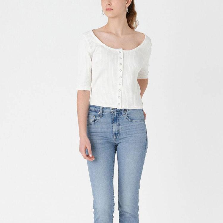 Levis Solid Color Round Neck Short Sleeve Knitted Cardigan Women Cardigans White A4769-0001