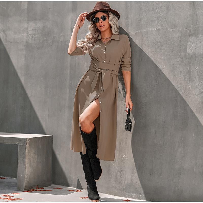 Women Solid Color Turn-Down Collar Dress Waist Lace-up Large Hem Single Breasted Shirt Ladies Maxi Dresses