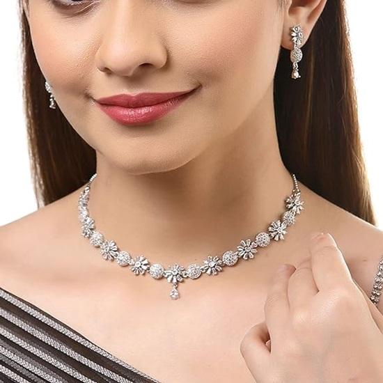 Rhodium Plated Silver Toned White American Diamond Studded Necklace With Earring Jewellery Set For Woment and Girl