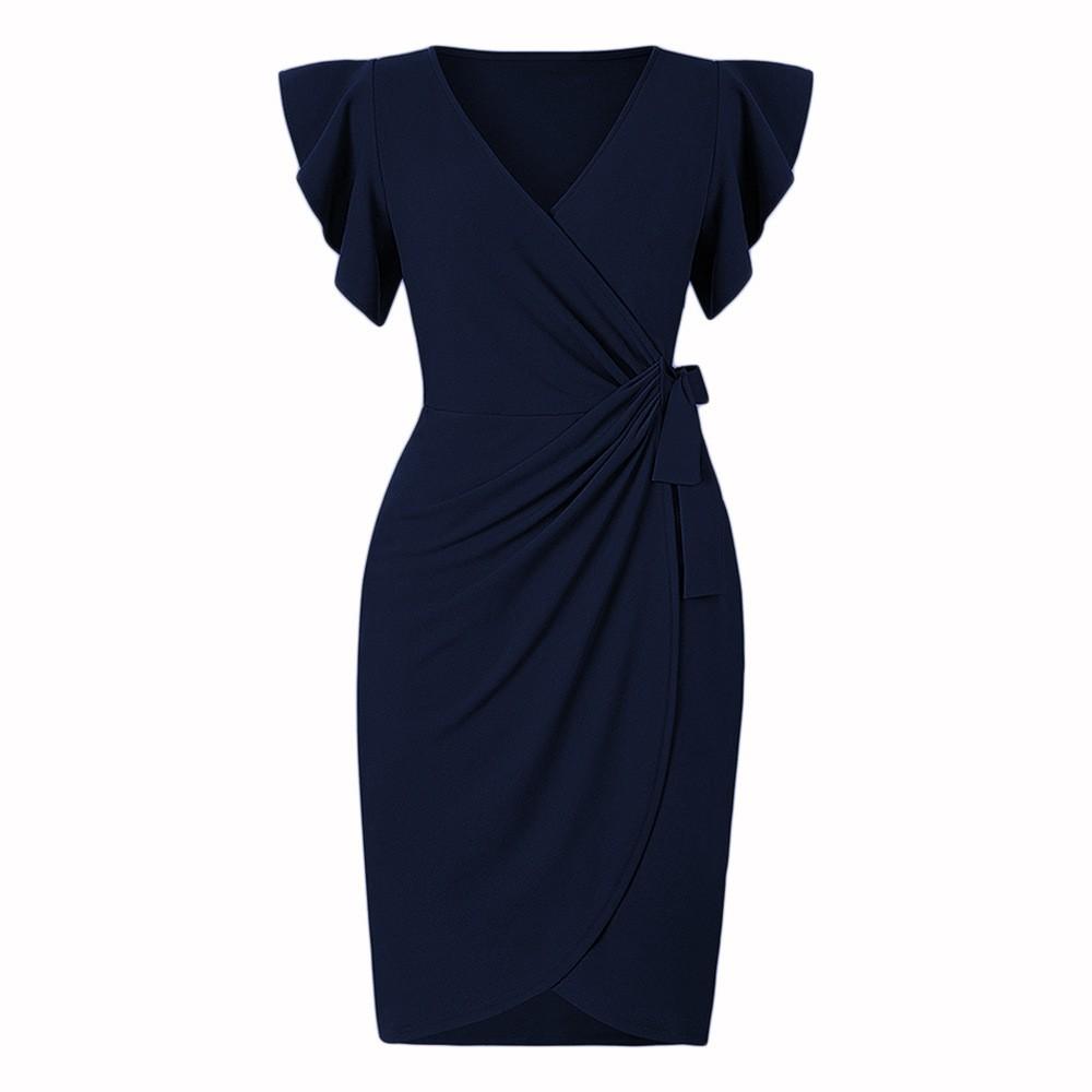 Women's Dress Temperament V-neck Waisted Drawstring Pleated Flared Sleeve Hip Package Slim Dresses