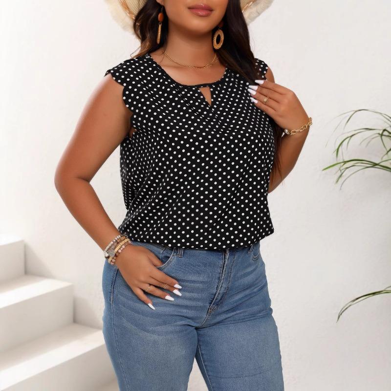 

Womens Plus Size Polka Dot Tank Top Keyhole Neck Petal Sleeve Casual Blouse 0XL чёрный