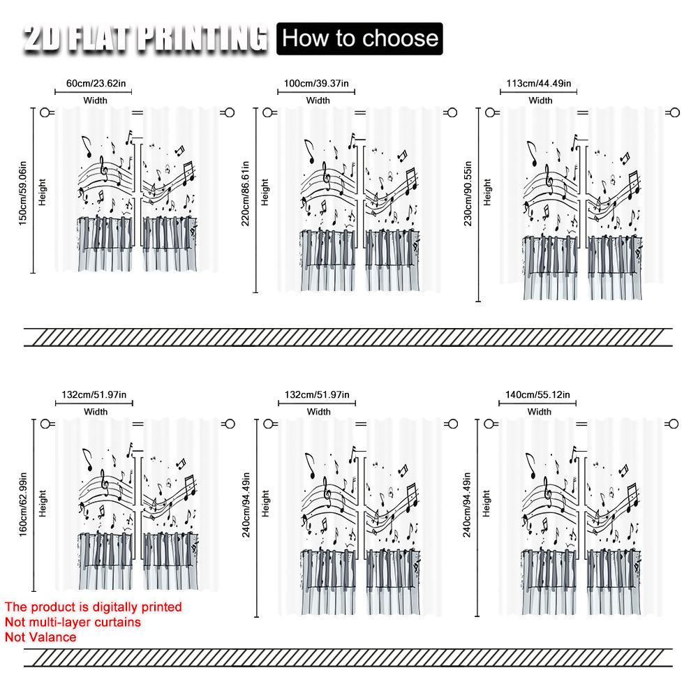 2pcs,2D Plane Printing Print Curtains Classic Piano & Musical Notes Versatile Polyester Fabric (without Rod) Festive for