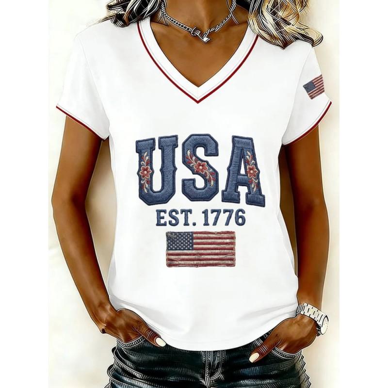 V-Neck Short Sleeve T-Shirt With Blue White Striped Print Loose Fit Casual Top Women 2025