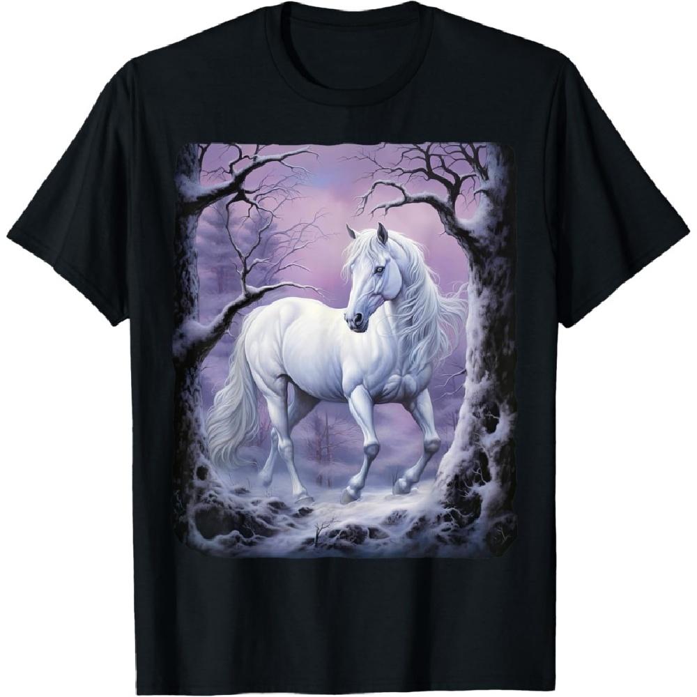 

Beautiful white Horse standing in a snowy forest by night T-Shirt S