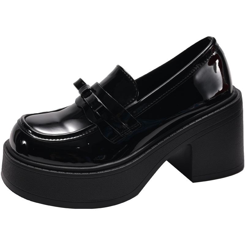 Black thick heel platform small leather shoes women's 2025 new autumn height increase versatile high heels round head loafers children
