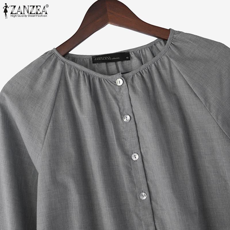 ZANZEA Women Casual Round Neck Solid Color Loose Long Sleeve Blouse