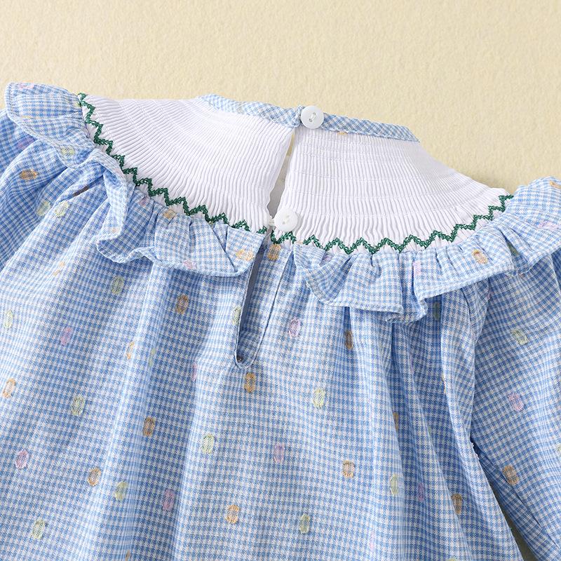 Girls Blue Plaid Smocked Dress With Cartoon Rabbit Embroidery Long Sleeve Cotton Heavy Craft Spring Autumn Kids Dress