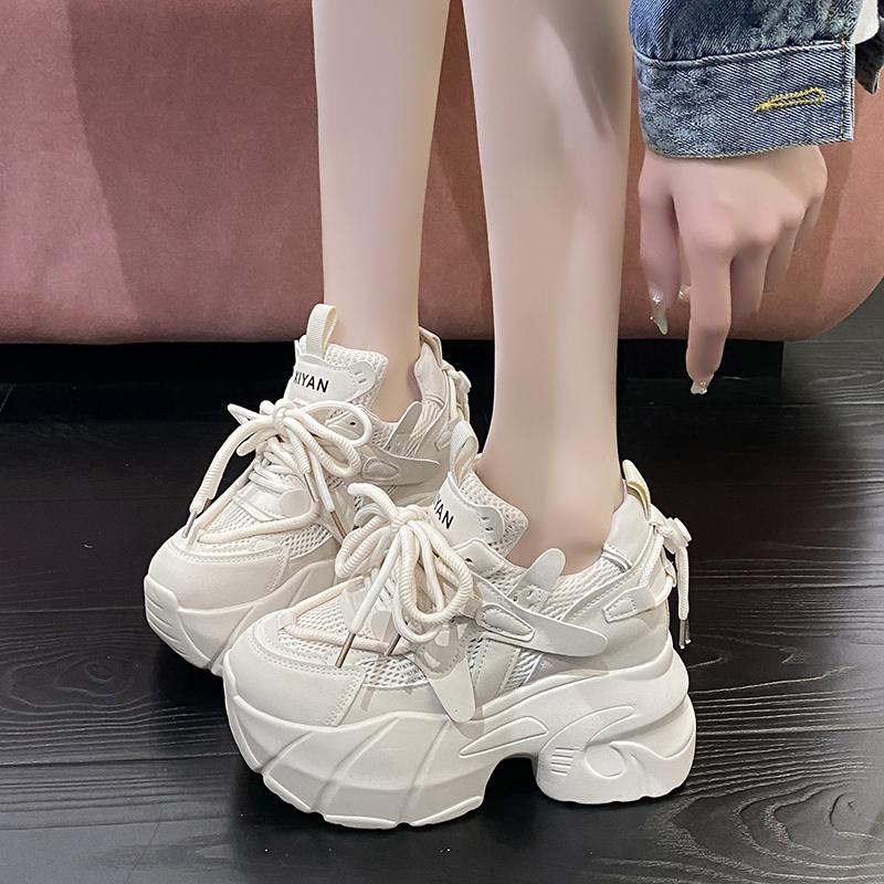 Fashion 9.5CM Women Casual Leather Sneaker Autumn Lace up High Platform Shoes Thick Sole Sport Dad Shoes Woman Sneakers Chaussure Femme