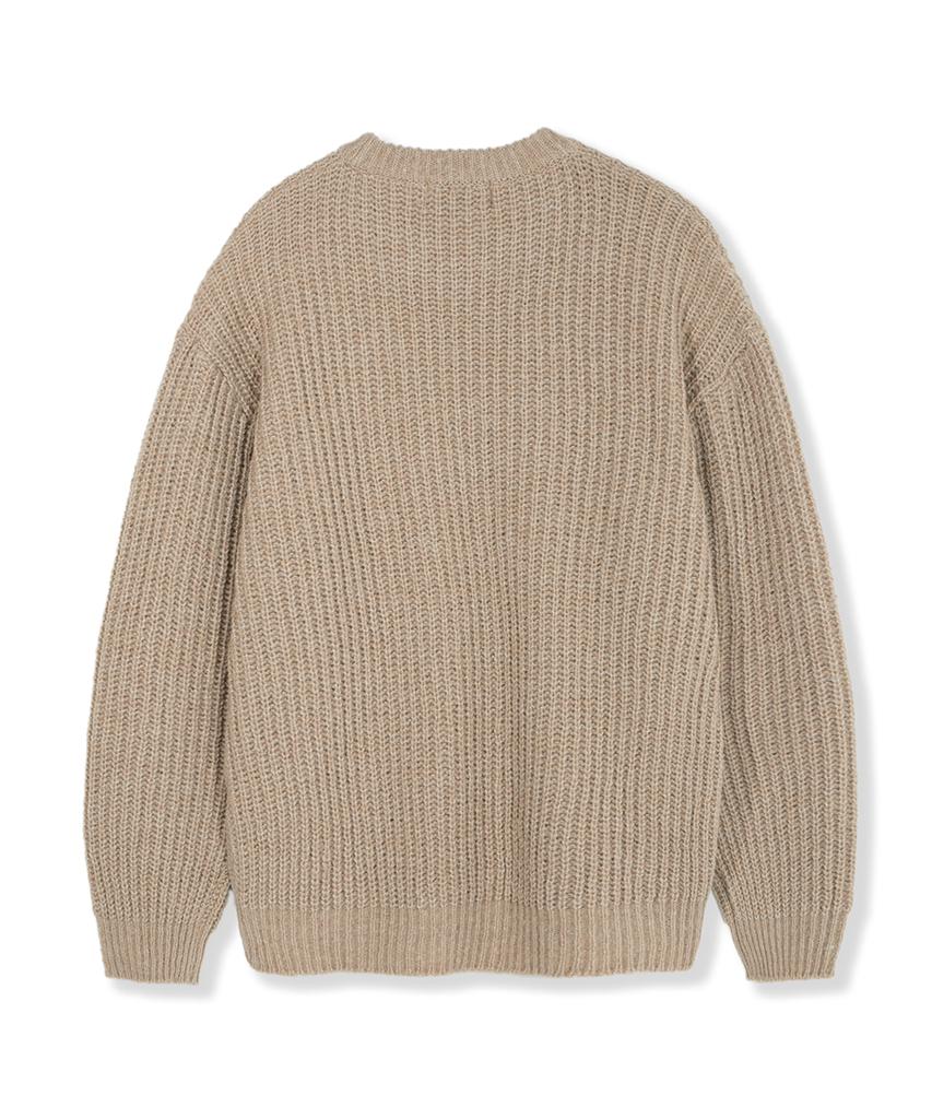NODU Adn Heathered Hacci Round Semi-Overfit Long Sleeve Knit [Beige]