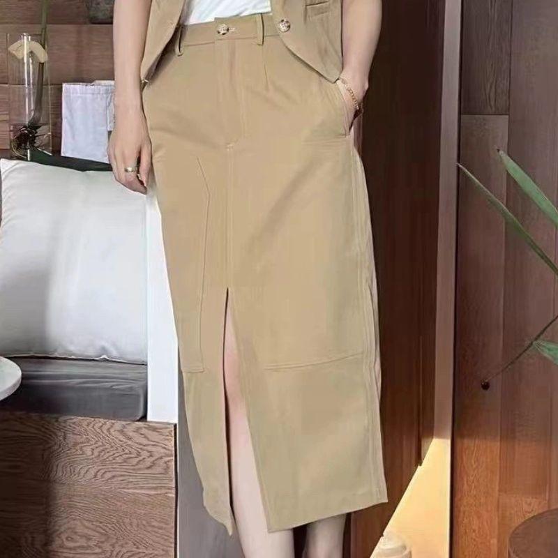 

D732 Парка Юбка Женская K-стиль Новинка Большой размер С высокой талией Стройнящая Универсальная Юбка средней длины с разрезом Khakis L