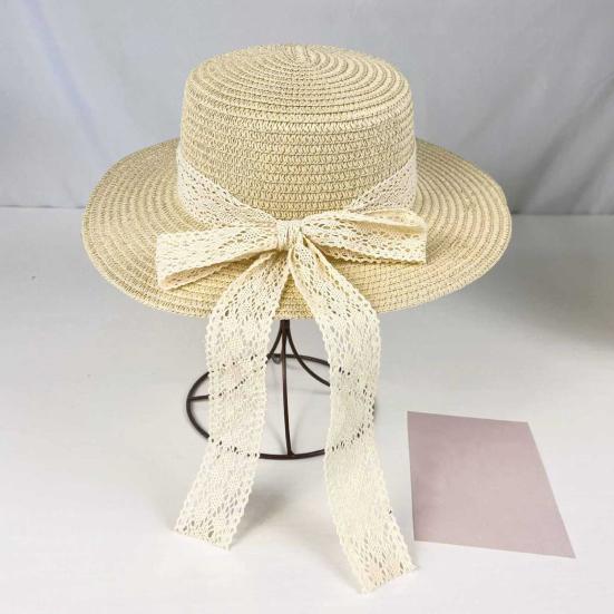 Sun Hat Lace Bow Decor Flat Top Wide Brim Straw Hat Hand-Woven Sunproof Windproof Summer Beach Picnic Basin Hat