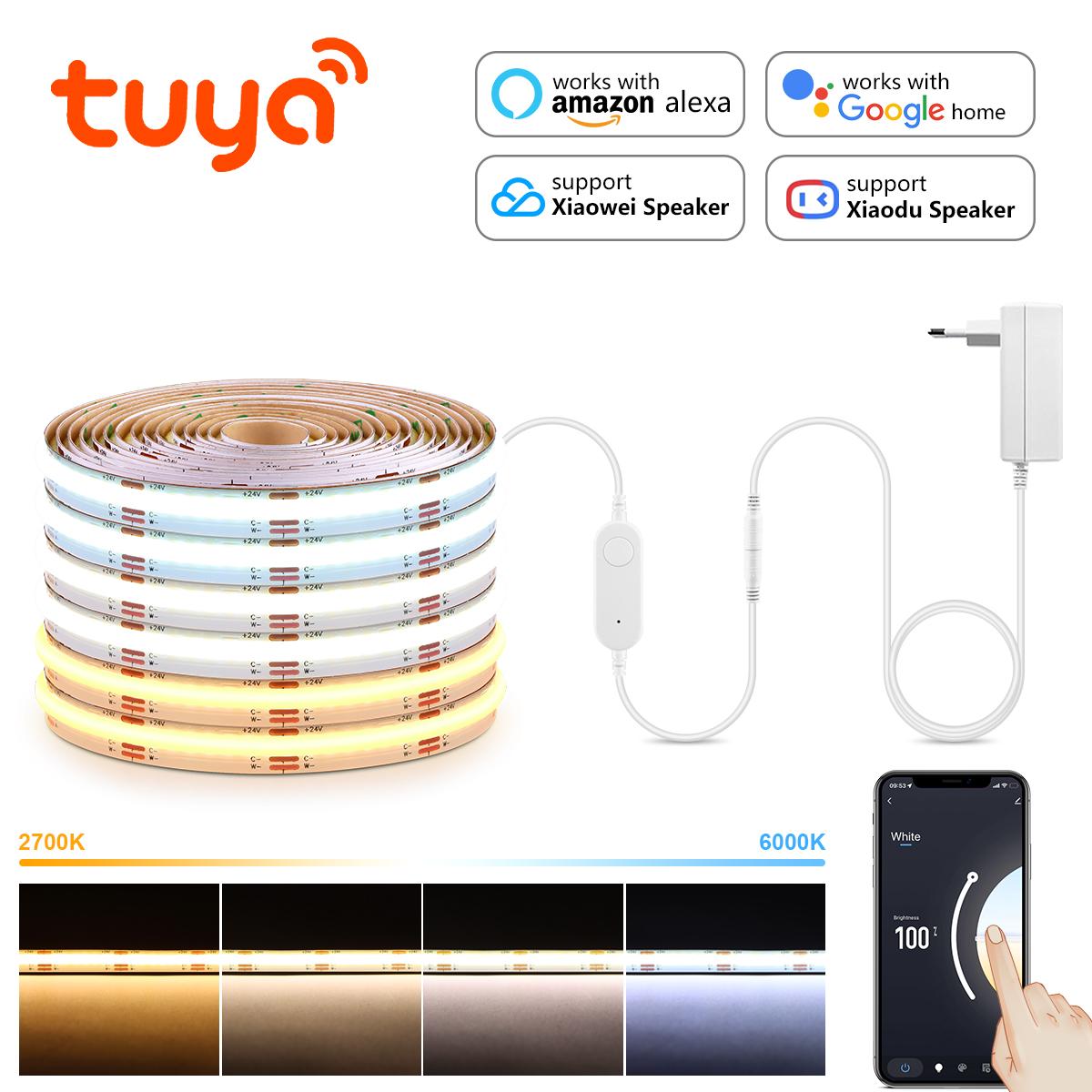 

Tuya Smart WiFi Switch COB CCT LED Strip Light 3M 5M 24V Power Adapter EU/US Plug Dimmable Lamp LED Tape for Room Kitchen Decor 3M