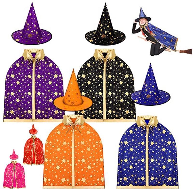 Halloween Cosplay Wizard Cape For Kids With Dazzling Star Pattern And Hat