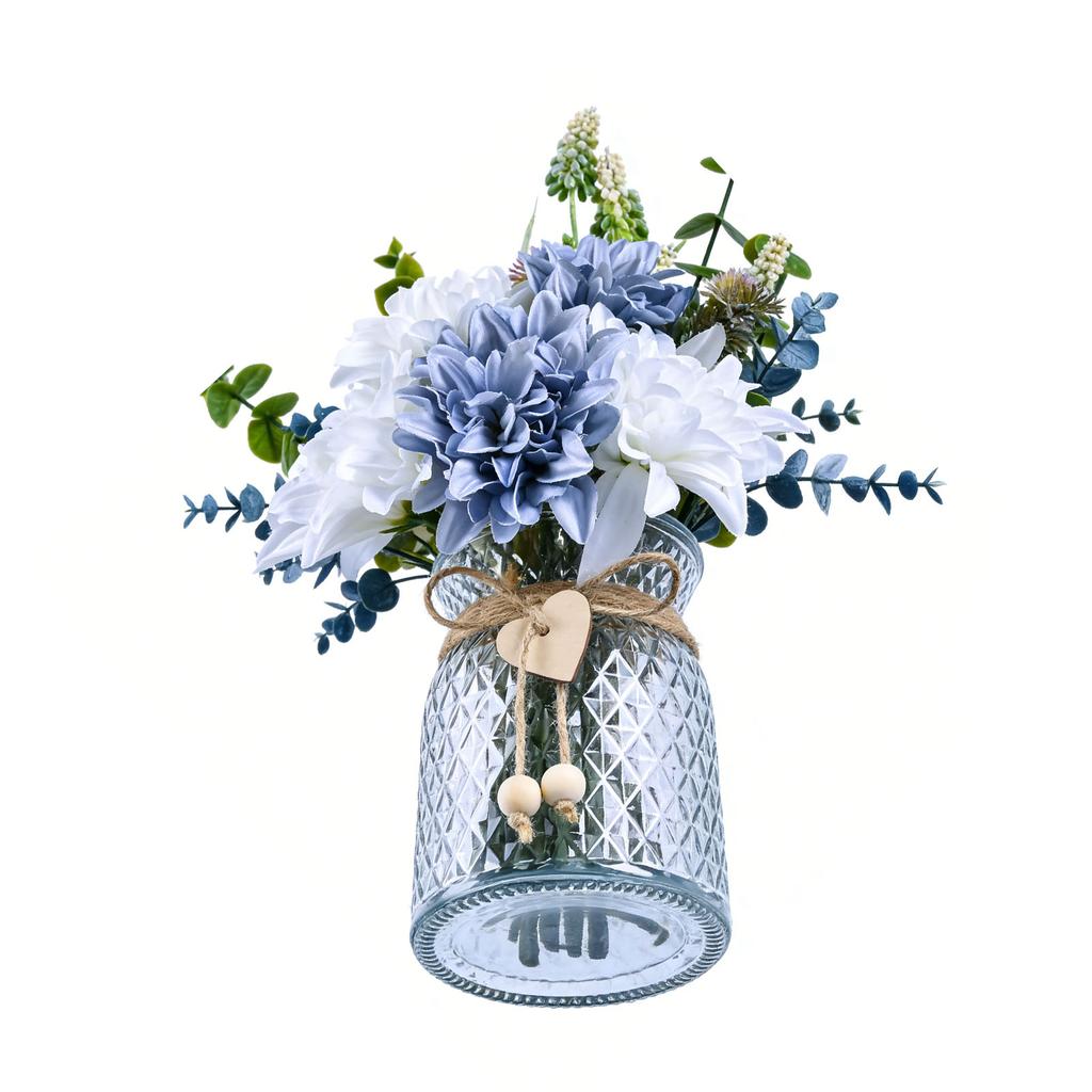 Artificial Flowers with Glass Vase Anti Wilting Anti Fading Realistic Faux Roses for Home Living Room Decor White Blue
