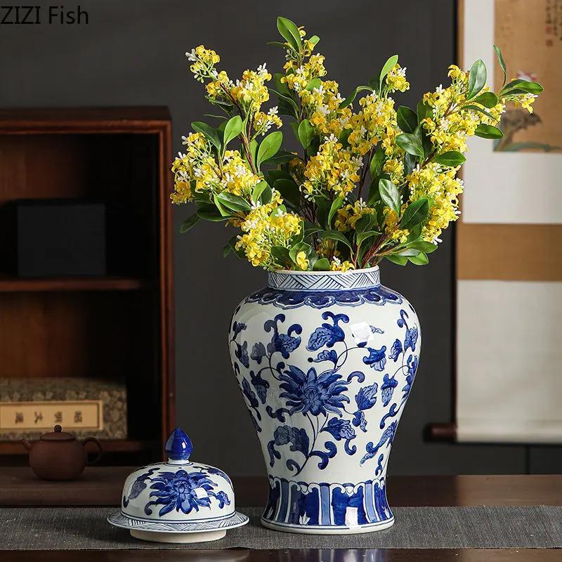 Blue and White Porcelain General Jar Tea Canister Candy Pots Flower and Bird Decorative Ginger Jar Desk Decoration Flower Vase
