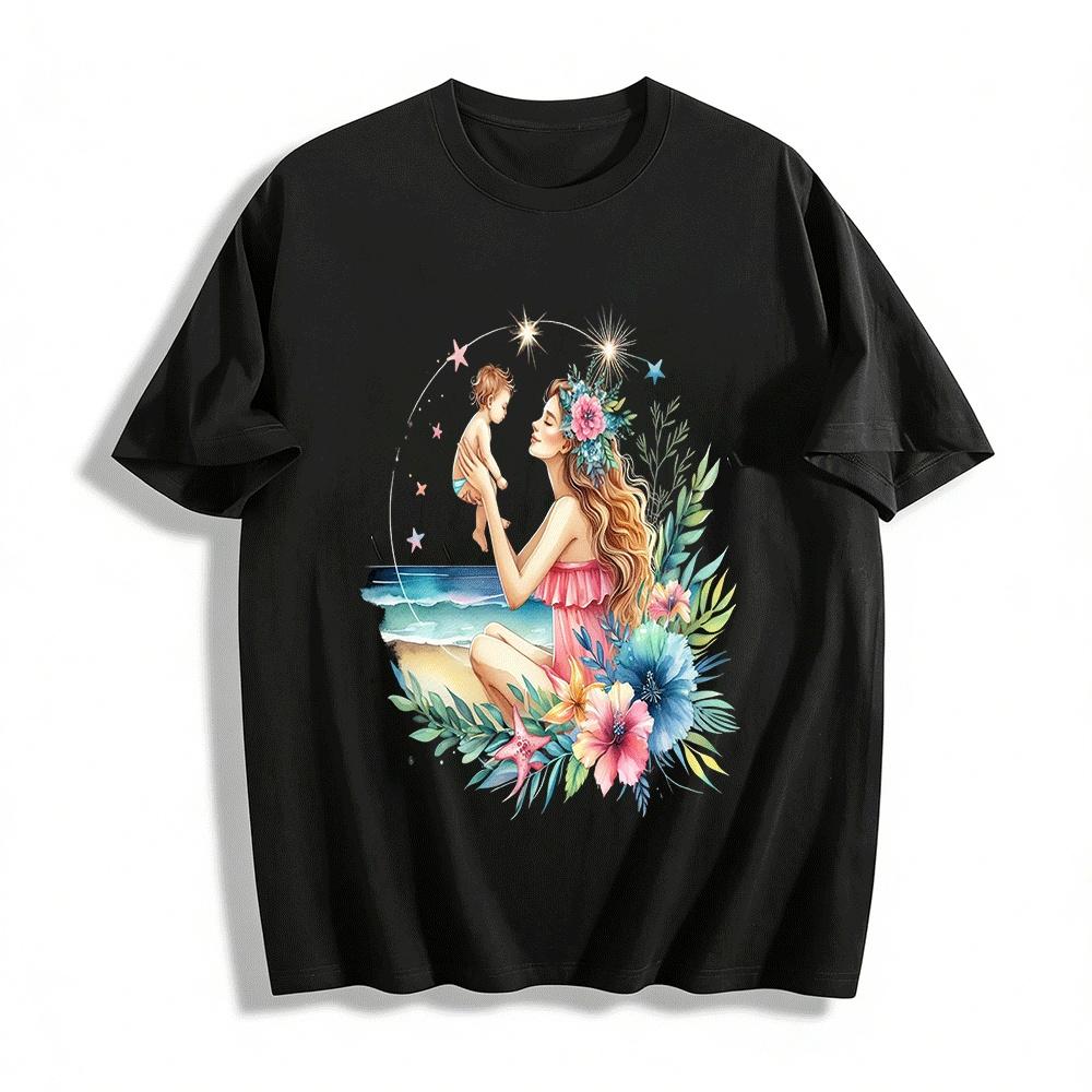 

Seaside Parent-child Print Top Warm Holiday Style Casual T-shirt Pure cotton T-shirt XXS