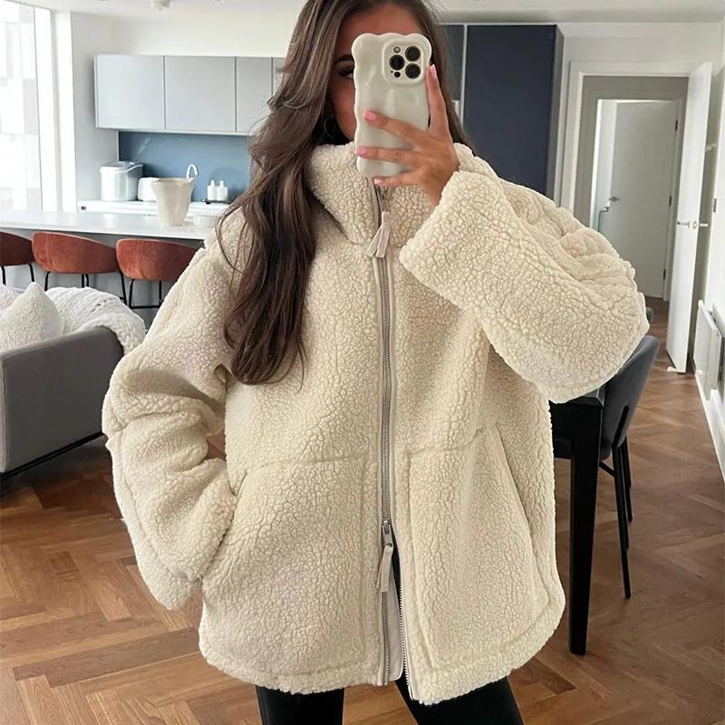 Winter Women's Wool Fluffy Lapels Jacket Fashion Double Zip Solid Color Long Sleeve Female Autumn Pockets Lady Jackets