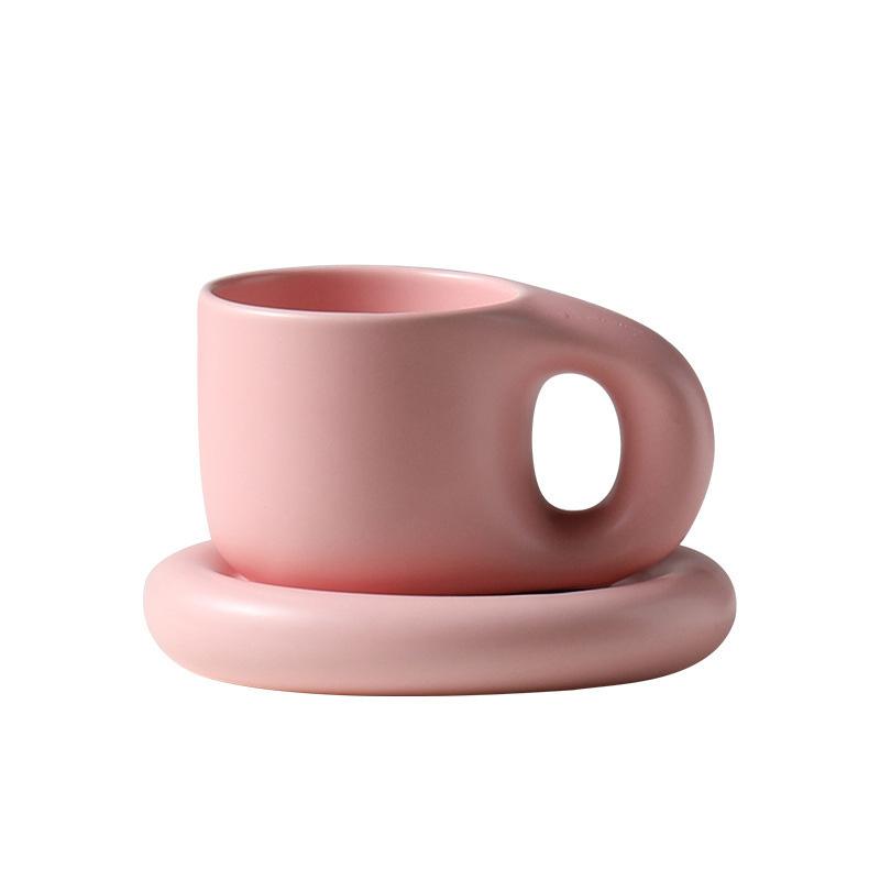 1Set 350ml Ceramic Coffee Chubby Mug Saucer Set Creative Cute Fat Handle Cup with Saucer for Office and Home Room Decor
