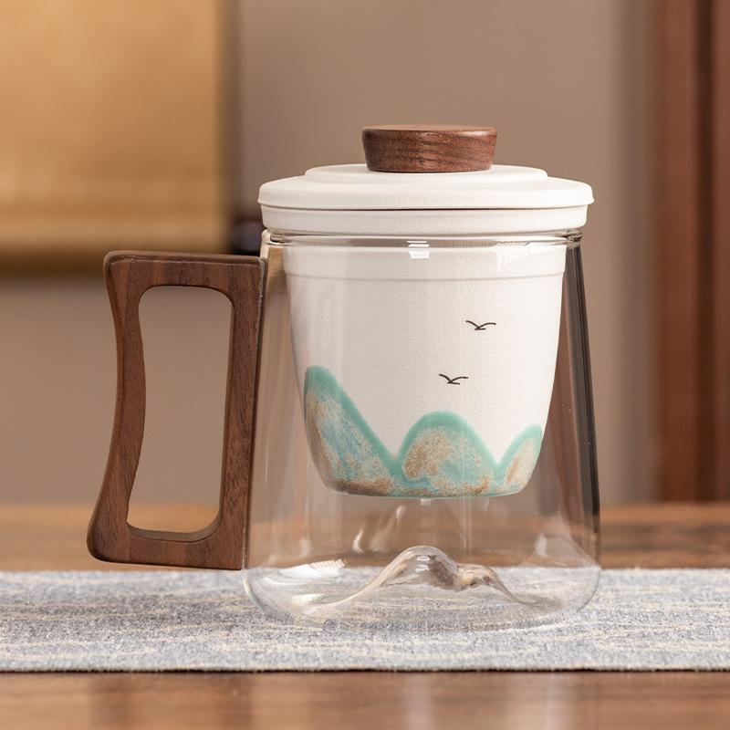 Black sandalwood handle office cup ceramic liner filter glass tea cup high-end anti-scalding gift box portable gift