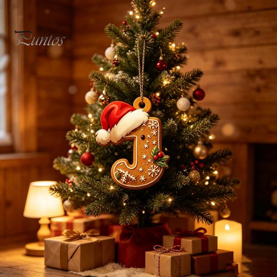 Christmas Tree Gingerbread Letter Ornaments 2D Flat Acrylic Ornaments, Pendant with Santa Claus, Personalized Alphabet Keepsake for Friends