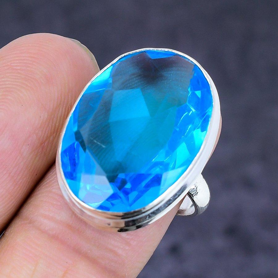 Swiss Blue Topaz Gemstone Handmade 925 Sterling Silver Ring Size 6.5 e9H19