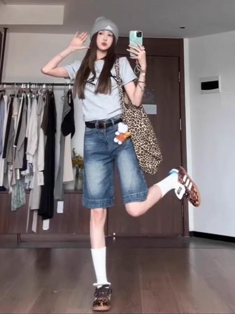 Retro Spicy Girl Damen Low-Waist Denim-Shorts - Sommer Lockerer Schnitt 5-Pocket Weitbeinige Mittellange Design