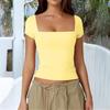 Di Yun Women's Casual Square Neck Solid Color Short Sleeve T-Shirt - 2024 Spring/Summer