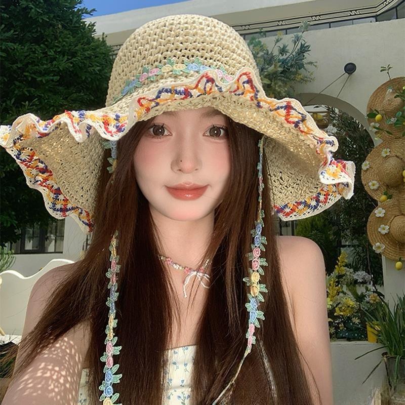 Ethnic Style Big Brim Straw Hat Women's Summer Seaside Vacation Beach Hat Sunshade Sunscreen Bucket Hat Straw Sun Hat