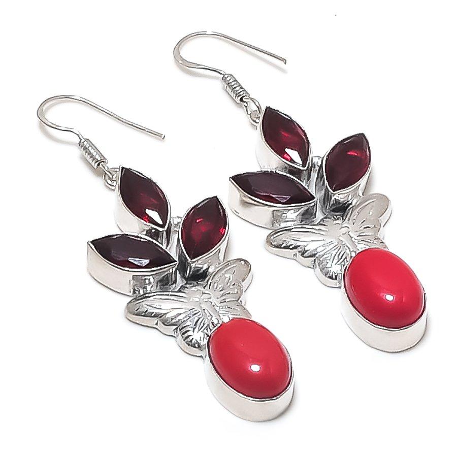 Natural Red Coral, Garnet Gemstone 925 Sterling Silver Earring 2.36" b0I47