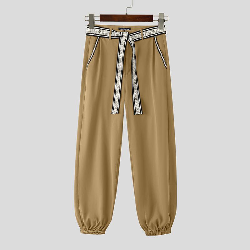 INCERUN Men Autumn Embroidery Belt Zip-up Waist Stitching Long Harem Pants Trousers