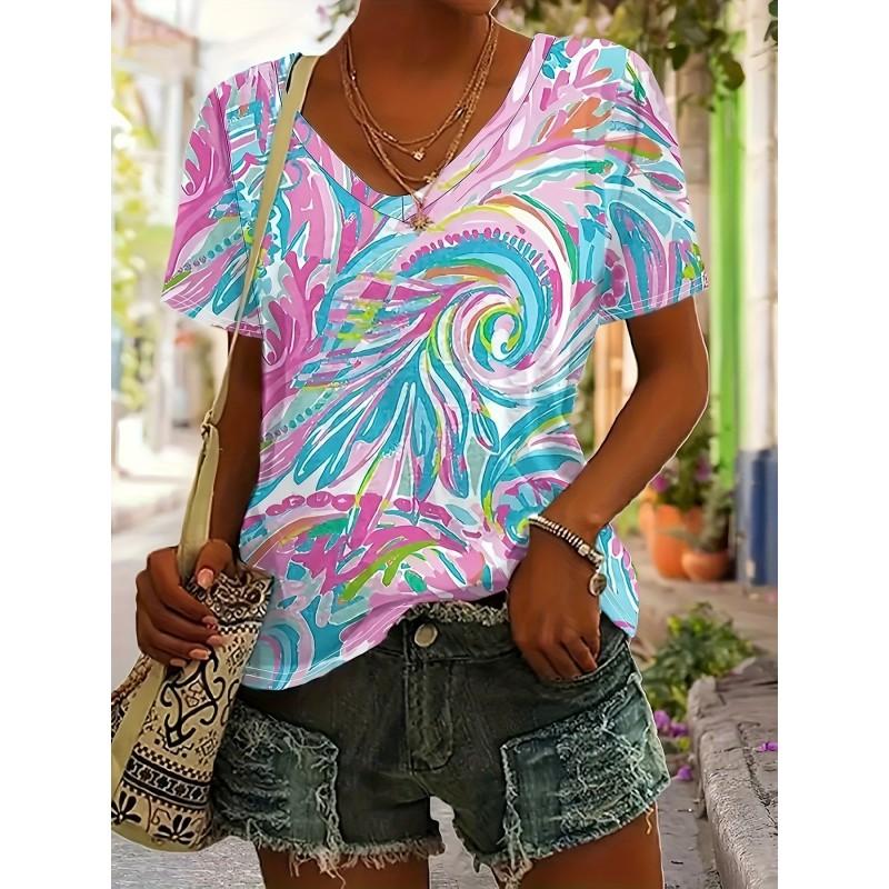 Womens V-Neck Short Sleeve T-Shirt With 3D Printed Striped Loose Fit Casual Chic Top 2025