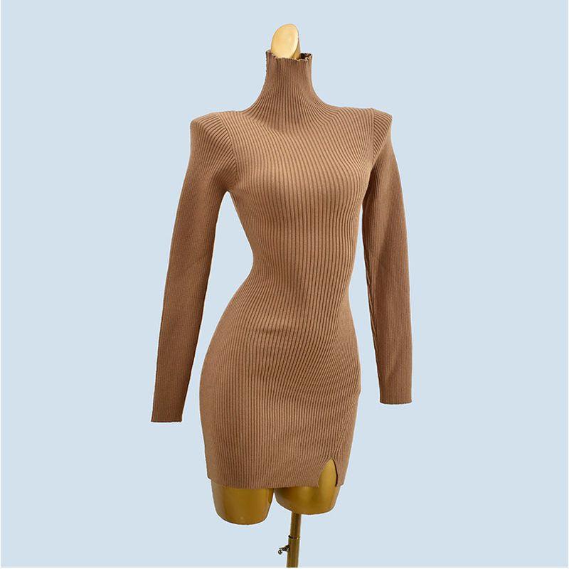 High Collar Pure Color Short Silm Hip Knitwear Dress Sweater Inner Soft Stretch Women's Clothing Thick