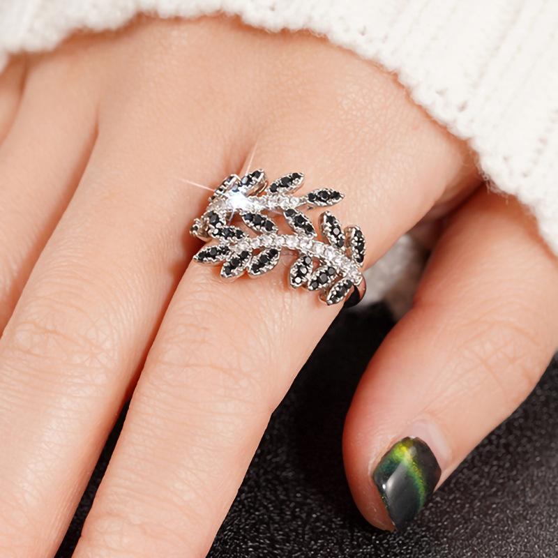 Retro Black Leaf Cubic Zirconia Ring for Women Personality  Sterling Silver Rings Plant Party Modern