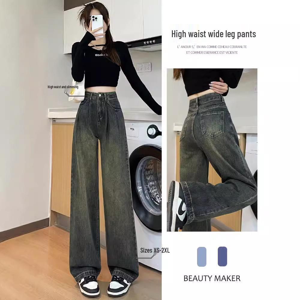 Pleated Wide-Leg High-Waist Gray Jeans for Women - Retro & Nostalgic Autumn Wear