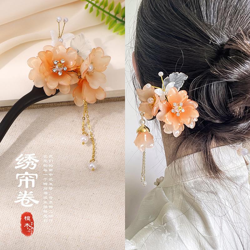 Sandeltre Blomst Hårnåler Kinesisk Stil Hårpinner Retro Hanfu Hårtilbehør Fe Cheongsam Hårknute Smykker Tiara