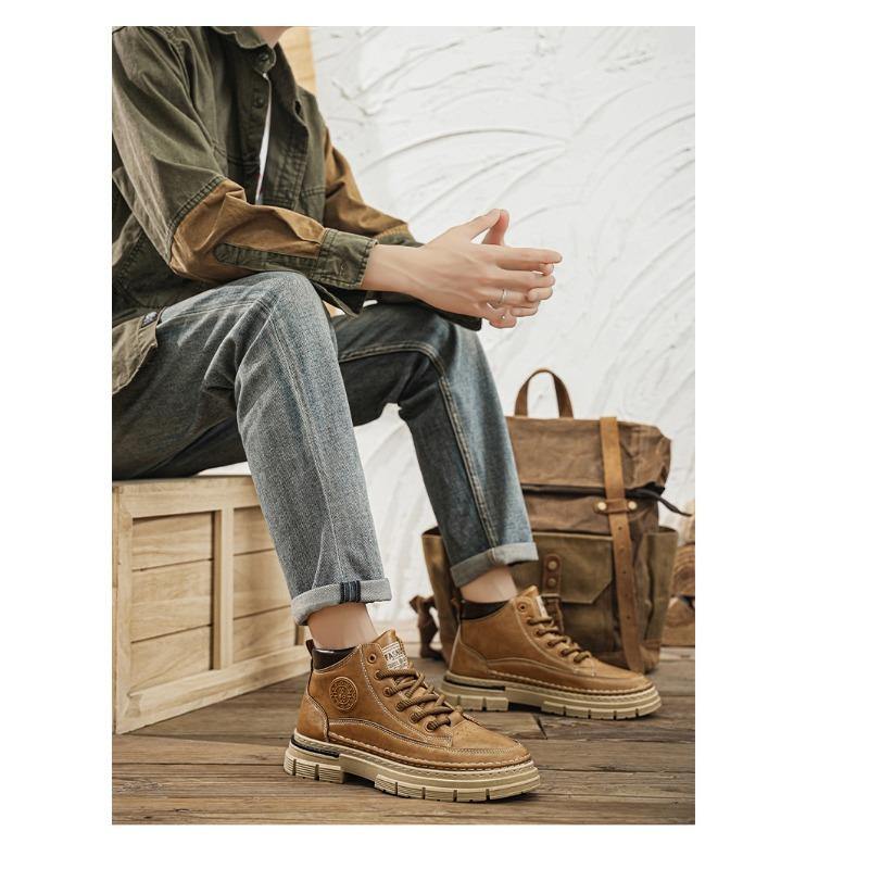 Men's High-top British Style Vintage Genuine Leather Casual Leather Shoes, Mid-top Waterproof Work Boots.