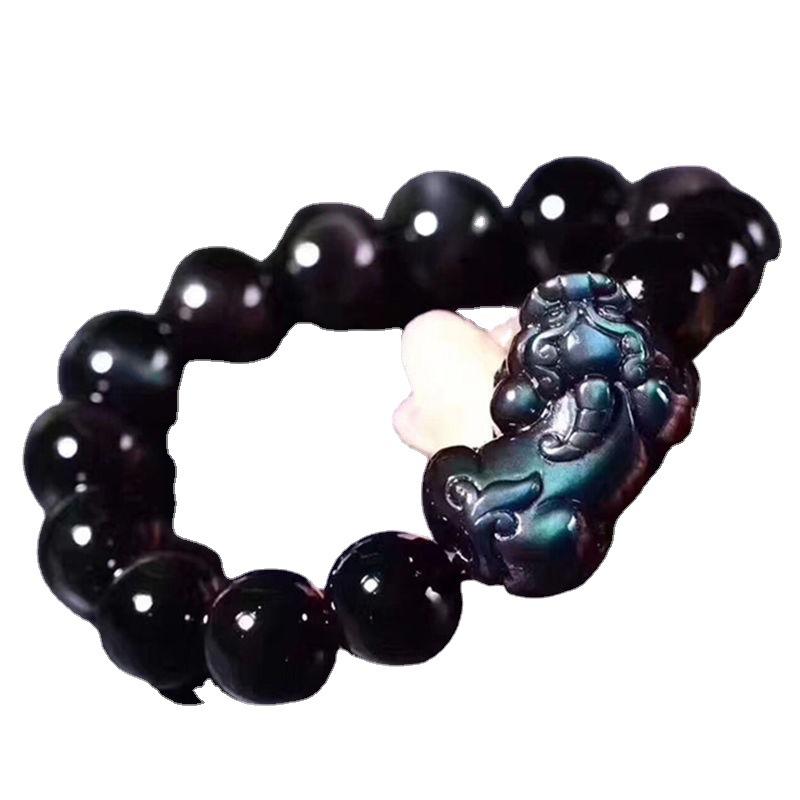 Natural Iridescent Black Obsidian Pixiu Bracelet New Single-loop Bracelet for Men and Women, Auspicious Gift Accessory