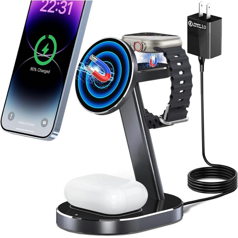 Der 3-in-1-Desktop-Ständer für kabellose Ladegeräte aus Aluminiumlegierung eignet sich zum kabellosen Laden von iPhone-Uhrenkopfhörern