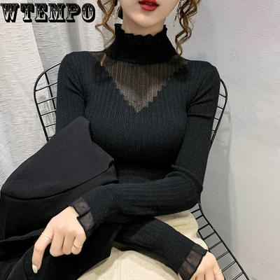 Women Half High Neck Lace Stitching Hollow Sweater Slim Inner Wear Knitted Bottoming Shirt Female Tops Autumn and Winter