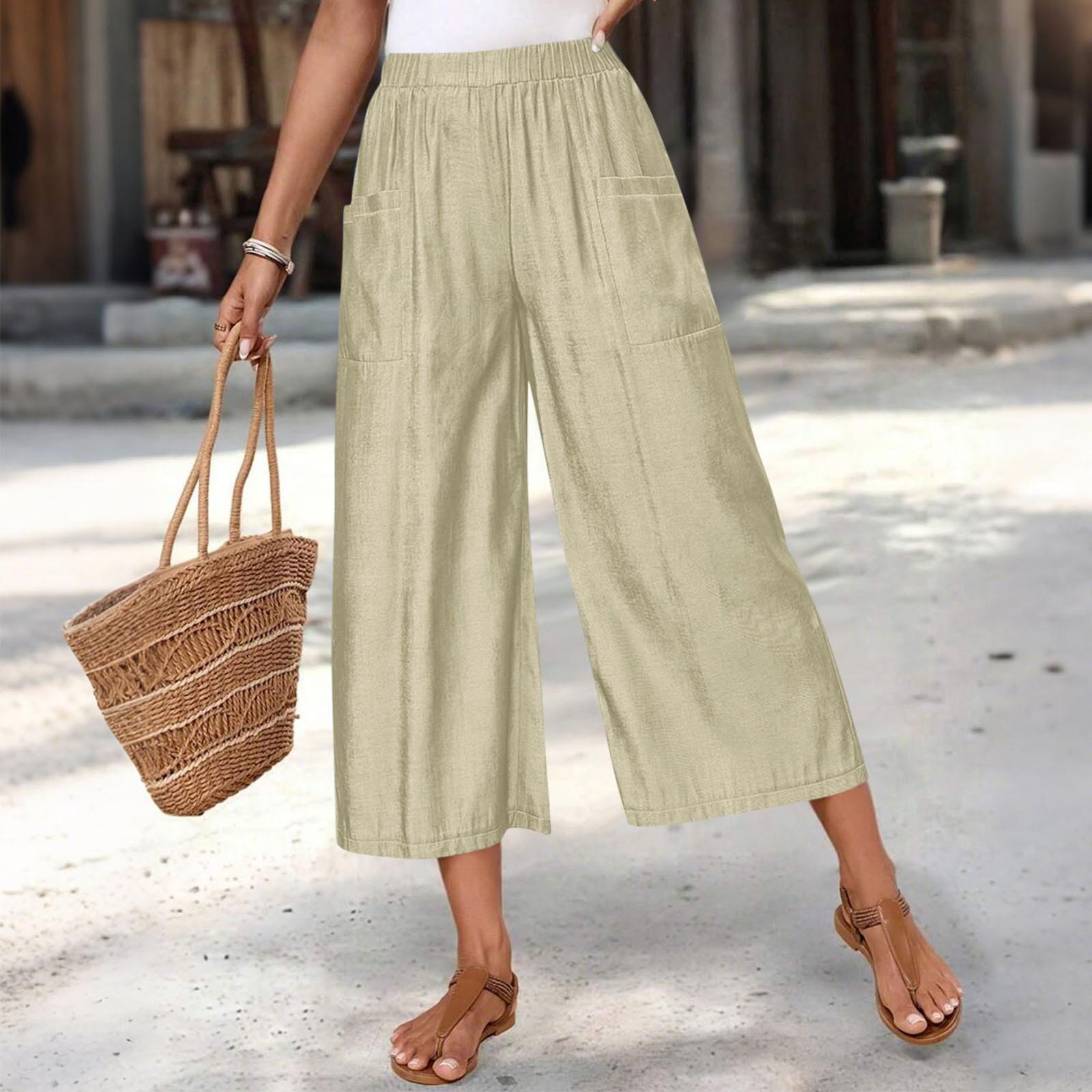 

Women s Elastic Waist Wide Leg Pants with Pockets Casual Loose Fit Trousers XXL абрикосовий