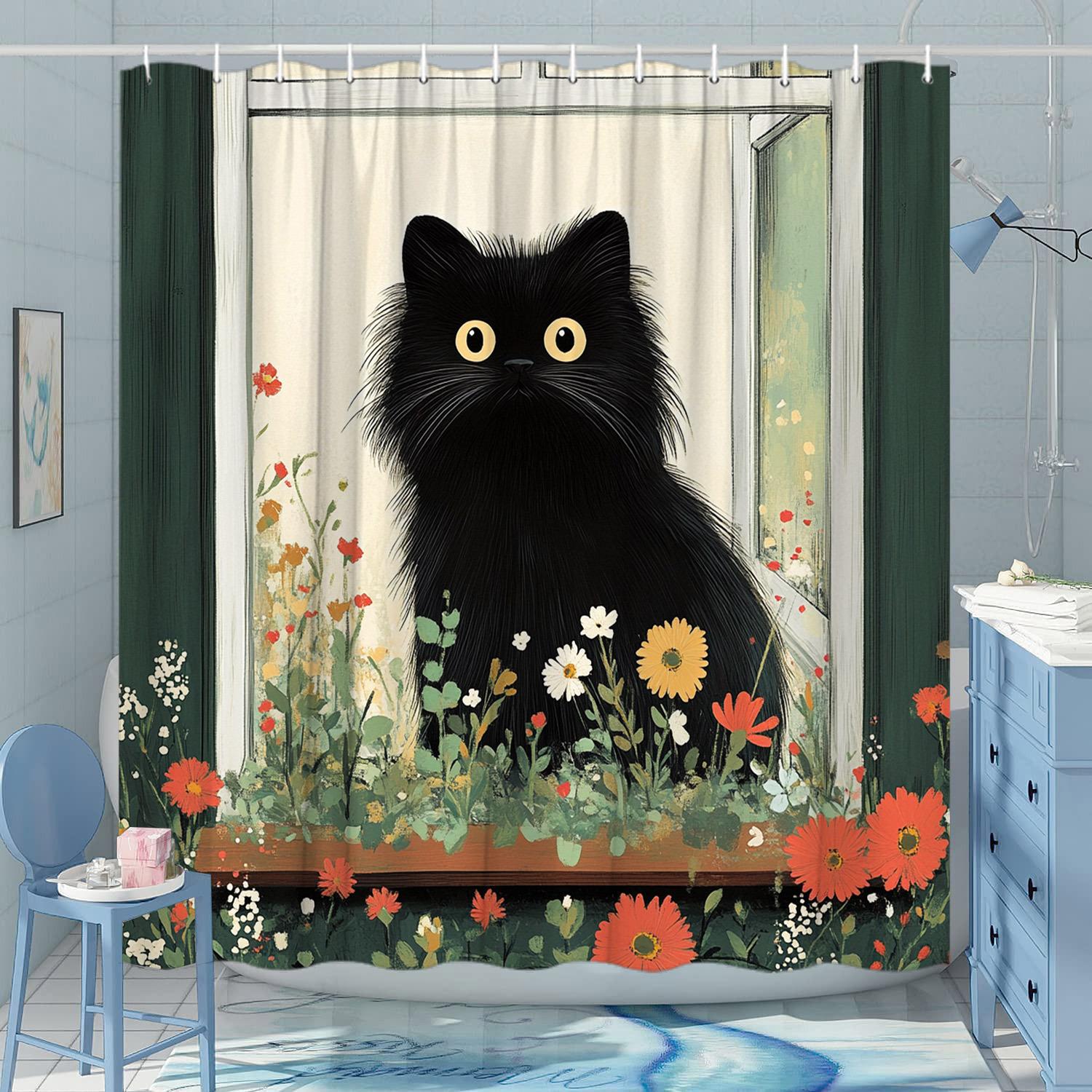 

Black Cat Garden Shower Curtain - Vibrant Floral Design, Polyester W60H190(CM)-1 Pcs