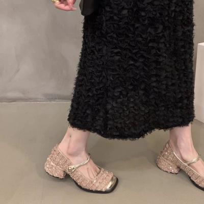 Niche High-end Sequins Mary Jane Thick Heel Medium Heel Single Shoes Women 2025 New Spring Fairy Style French Evening Shoes