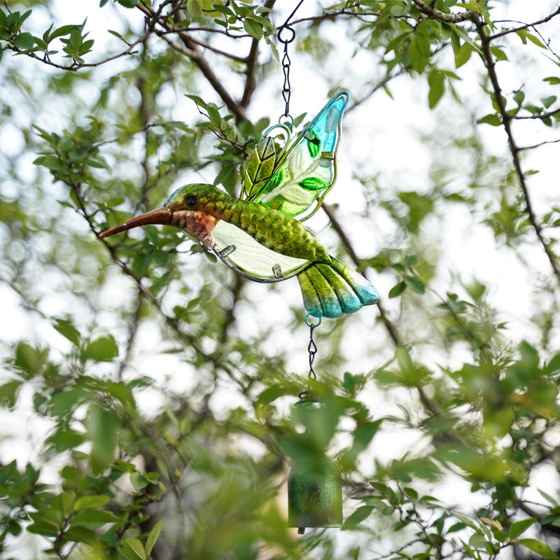Glazed Iron Glass Hummingbird Wind Chimes Green Blue Colors Stained Glass Ornament For Window Outdoor Garden Hanging Decoration