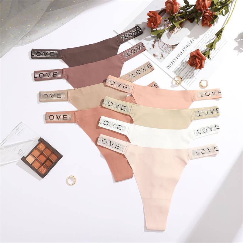 FINETOO 3Pcs Seamless Ice Silk Underwear for Women Sexy Rhinestone Letter Thongs Female Low Waist Panties Soft Stretchy Lingerie