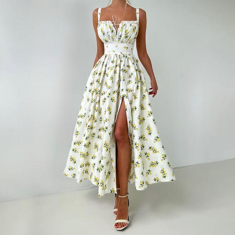 

Western Style New Fashion Sexy Print Sling Slit Dress Sexy Printed Strap Dress Beige S